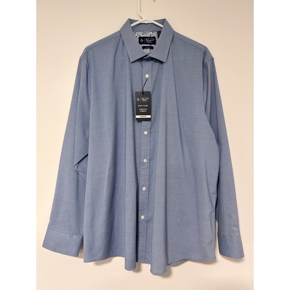 Original Penguin Mens Blue Slim Fit Stretch Easy Care Dress Shirt XXL 18-18.5